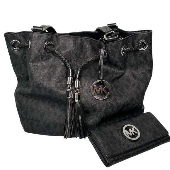 Michael Kors Jet Set Gathered Tote Bag Black Signature with Fulton Flap Wallet